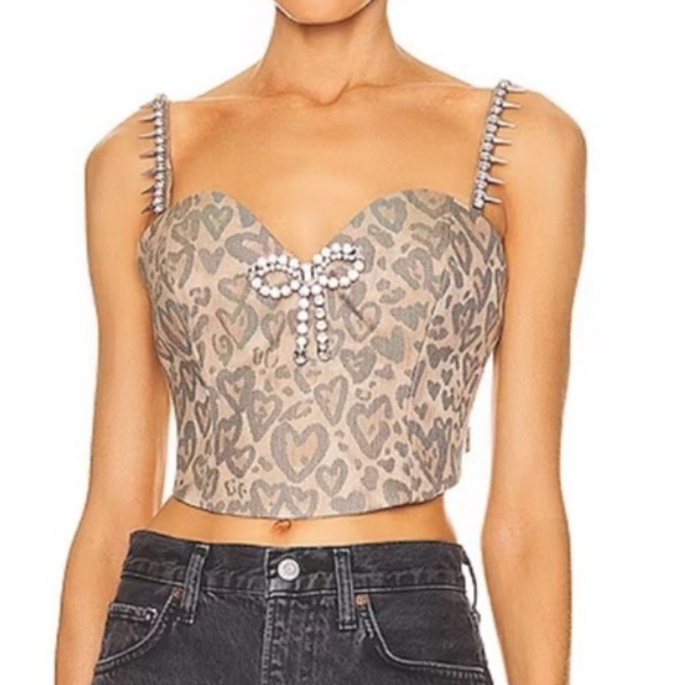 AREA NYC Heart Leopard Crystal Trim corset Top - color- Brown- size 4 -NWT